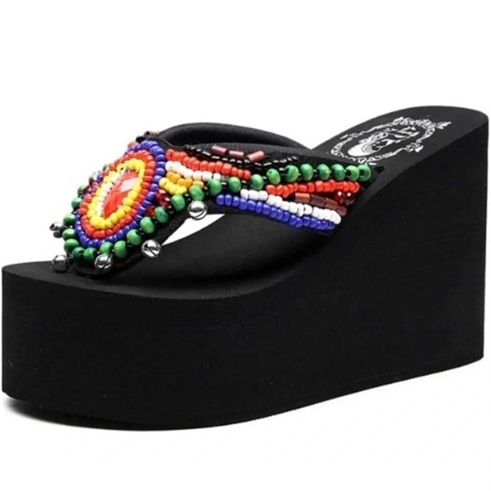 Adorable beaded super high heeled flip flops with tiny silver bells - Picture 1 of 3